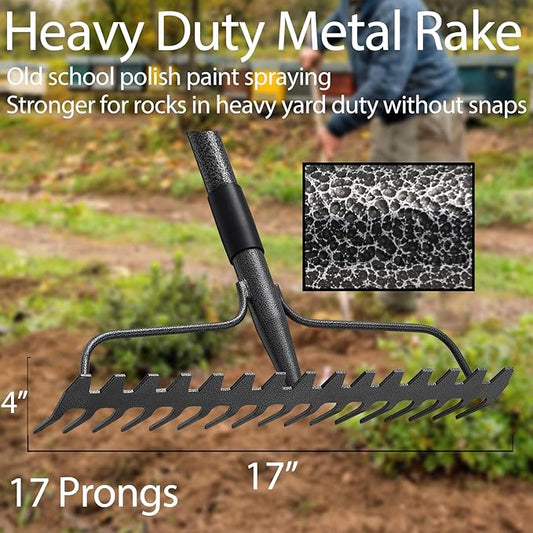 Bow Rakes for Lawns, 17 Prongs 17" Wide Heavy Duty Metal Garden Rake Long Handle 50", Adjustable Rock Yard Thatch Rake for Leaves Gardening Loosening Soil Mulch Gathering Leaf