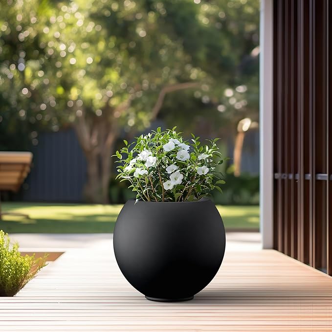 Kante Round Concrete Flower Pot, 19.3 Inch Dia (14" Opening) Sphere Shape Design Planter with Drainage Hole and Rubber Plug for Indoor & Outdoor Plants, Black Finish with Warm Brown Interior