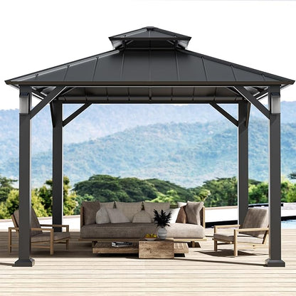 Modern Shade Hardtop Gazebo 10' x 10', Permanent Metal Gazebo with 4 LED Lights, Outdoor Pavilion with Galvanized Steel Roof & Frame Patio Pavilion for Backyard, Deck, Garden, Lawn