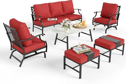 Patio Furniture Set 6 pcs, Outdoor Patio Furniture, 3-Seat Sofa, 2 Rocking Chairs, 2 Ottomans, Coffee Table and 5.75" Extra Thick Cushion, Conversation Set for Backyard Deck, Red
