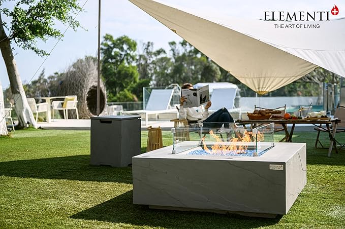 Elementi+ | Bundle Capertee Gas Fire Pit Cast Concrete 40" Square Fire Table, Outdoor Fire Pit Electronic Ignition | Canvas Cover, Fire Glass and Burner Lid Included | Light Gray | Propane Gas