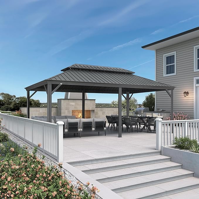 PURPLE LEAF 12' X 20' Gazebo with Galvanized Steel Hardtop Roof Patio Gazebo for Outdoor Lawn and Garden Permanent Pavilion Grey（Only Frame）