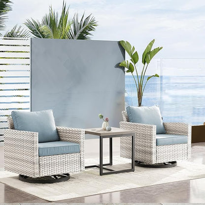 Outdoor Swivel Rocker Chairs, Patio Swivel Chair Set, Wicker Swivel Patio Chairs Set of 2 with One Side Table, Light Grey/Light Blue