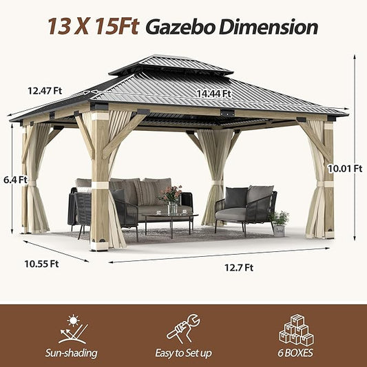 13'x15' Wood Gazebo,Cedar Wood Hardtop Gazebo with Netting and Curtains, Outdoor Wooden Frame Gazebos with Galvanized Steel Double Roof for Patio Garden Deck