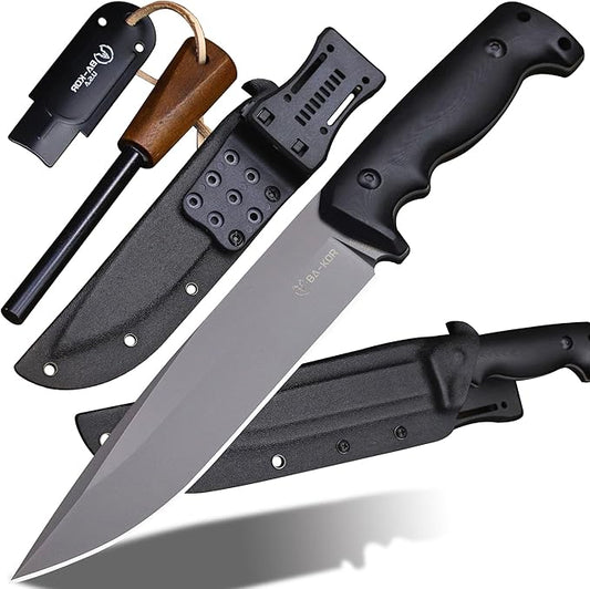 BA-KOR 5mm (9CR18MOV) steel 12.4" full tang hunting knife+K sheathing &5.9" cerium igniter Suitable for outdoor hunting, camping, wilderness survival, outdoor rescue, barbecuing, fishing, and as a gift