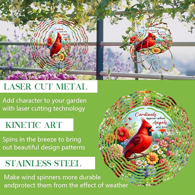 Cardinal Wind Spinner,3D Frosted Wind Spinners Hanging for Yard and Garden Cardinal Wind Spinner with Flower,10" Hanging Wind Sculptures Made of Tough Steel Plate