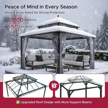 SUNJOY Kingston 12' x 12' Hardtop Gazebo with Galvanized Steel Double Roof, Curtain and Netting, Gray Aluminum Posts Permanent Pavilion Gazebo for Garden, Patio, Deck, Lawn