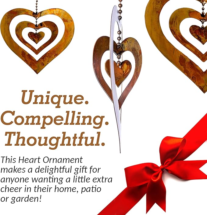 Happy Gardens Hanging Heart Ornament Spinner with a Flamed Finish | Outdoor Heart Decorations for Valentine's Day, Mother's Day | Garden and Backyard Gifts