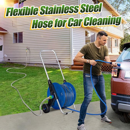 Female to Female Leader Hose for Hoses Reel, 15ft Metal Leakproof Short Garden Hose Connector, Heavy Duty 304 Stainless Steel Flexible Water Pipe for Outdoor Garden Watering Car Pet Cleaning