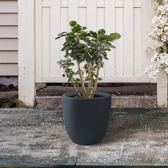 Kante 13.4" Dia Round Concrete Planter, Large Outdoor Modern Indoor Decorative Plant Pots with Drainage Hole and Rubber Plug for Home and Garden, Charcoal