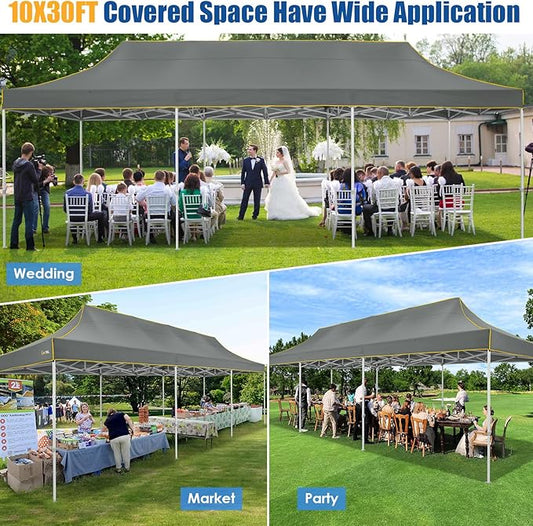 HOTEEL 10x30 Pop up Canopy Tent for Parties, Heavy Duty Easy Setup Tent Without Sidewalls, Outdoor Commercial Instant Gazebo for Wedding Event, with Portable Bag, Grey(Hexagonal Frame)