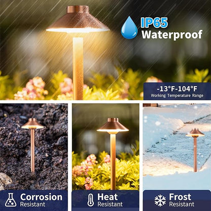 Gardenreet Low Voltage Landscape Lighting Brass, 2700K/3000K/4000K Adjustable 12v Pathway Lights Waterproof, Copper Path Light for Exterior Area Patio House with 3W 270LM G4 Bulb (6 Pack)