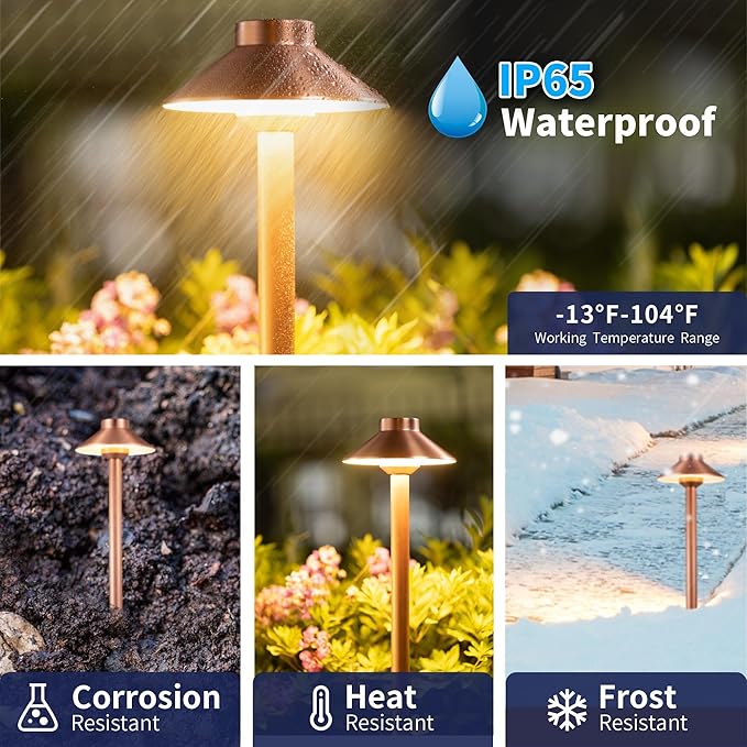 Gardenreet Outdoor Brass Pathway Lights, Low Voltage Landscape Path Light Wired, 12v Walkway Lamp LED Waterproof, Hat-top Copper for Outside Garden Yard Driveway with 3W 270LM 3000K G4 Bulb (4 Pack)