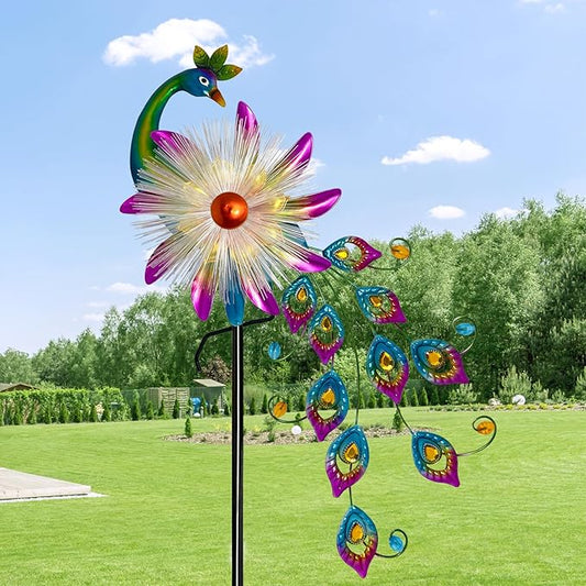 Solar 51" Peacock Wind Spinners for Yard and Garden, Metal Clearance Windmill Kinetic Wind Spinner Outdoor Decor, Wind Sculpture Yard Art Decorations for Patio, Lawn & Garden
