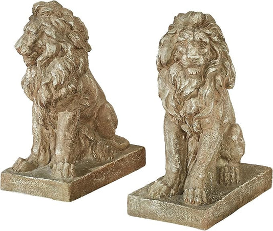 Lions at Guard Sculpture Set of 2 | Lion Statues | Outdoor Seasonal Lion Sculpture Set | Garden Backyard Yard Driveway | Weathered Sand | Realistic Lion Statues