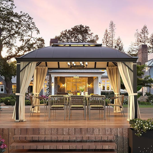 YOLENY 12'x14' Hardtop Gazebo, Permanent Outdoor Aluminum Patio Gazebo with Aluminum Composite Double Arc Roof for Patio Lawn and Garden, Curtains and Netting Included