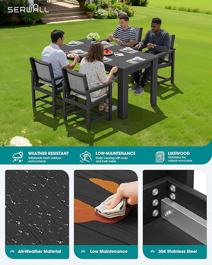 SERWALL Outdoor Dining Sets for 4 with 1 Umbrella Hole Cut-Out Rectangular Table and 4 Textilene Chairs, Patio Dining Table Sets for Garden, Backyard, Poolside, Black