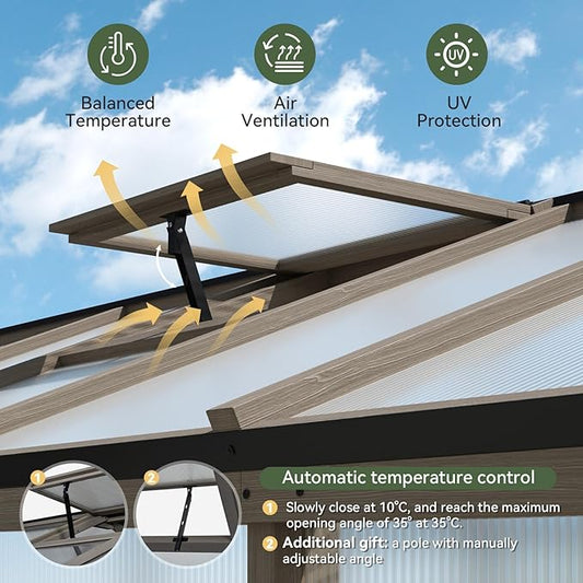 Aoxun 6x10 FT Wood Green House for Outdoors, Polycarbonate Panel Wooden Walk-in Greenhouse Kit with Automatic Temperature Control Roof Vent and Lockable Door, for Outside Backyard Garden, Gray