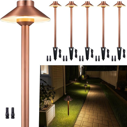 Gardenreet Brass Low Voltage Path Lights(Hat) Outdoor Waterproof IP65, 12v LED Copper Landscape Lights Wired Fixture for Walkway Driveway Garden Yard Without G4 Bulb(6 Pack)
