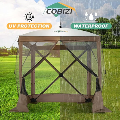 COBIZI 6x6 Pop up Gazebo Tent, Ez up Waterproof Screen Tent Screen House, Portable Outdoor Canopy Sun Shelter with Carry Bag & Ground Stakes for Camping, Garden and Picnics, Brown(Upgraded 2.0)