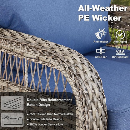Outdoor Swivel Rocker Chairs - Patio Rocking Chairs Set of 2, Wicker Patio Set with 5" Thick Cushion, Rattan Patio Swivel Rocking Chairs for Porch, Deck, Backyard Blue/Gray