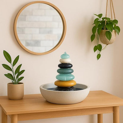 Natural Septuple Rock Cairn Water Fountain with Glass - Indoor Tabletop Water Fountain - Natural Stone & Recycled Glass Water Feature for Home and Office Decor