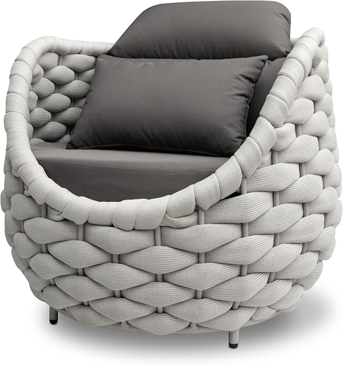 Porch Furniture Chair: Patio Accent Chair Aluminum - Woven Rope Cushioned Armchair Assembled - Modern Lounge Single Chair - All Weather 400lbs for Deck Balcony Yard Garden Hotel Poolside, Gray