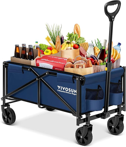 VIVOSUN Collapsible Folding Wagon, Outdoor Utility with All-Terrain Wheels, Adjustable Handle, Cup Holders & Side Pockets, for Camping, Shopping, Garden, 210Lbs Capacity, Blue
