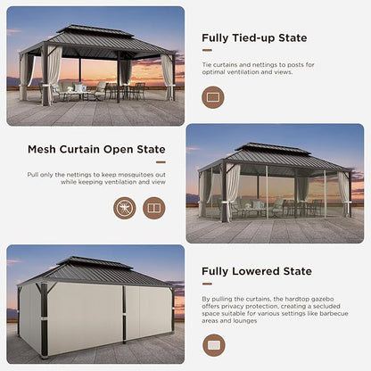 GREEN PARTY 12 X 20ft Hardtop Gazebo with Nettings and Curtains, Heavy Duty Double Roof Galvanized Steel, Outdoor Aluminum Gazebos Pergolas for Patios, Backyard, Deck, Garden, Lawns