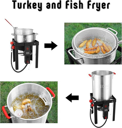 30 Qt Turkey Fryer with Basket & 10QT Fish Fryer Kit, 50,000 BTU Outdoor Propane Burner, CSA Certified, Auto Ignition, 10 PSI Regulator & Hose, for Thanksgiving Day Gathering
