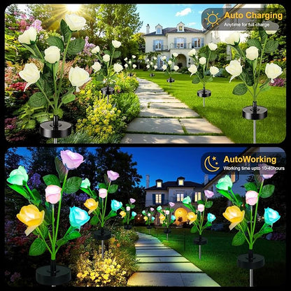 Solar Flowers Lights - Upgraded Outdoor White Rose Flowers Lights, 7-Color Changing & Waterproof Outdoor Solar Lights for Garden, Patio, Backyard,Party and Office (White Rose, 2)