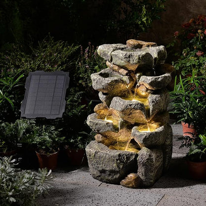 Solar Powered Water Fountain, 5 Tier Cascading Stone Design Feature Outdoor Fountains Waterfalls with Light, Pump Solar Panel for Patio, Deck, Porch, Backyard Home Decor,19.3" H