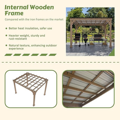 10 x 12 FT Outdoor Wooden Grill Gazebo with 5.5" Width Wood Posts, Rainwater Drainage, BBQ Gazebo with Sloping Metal Roof for Barbecue, Backyard, Garden, Light Mocha Brown