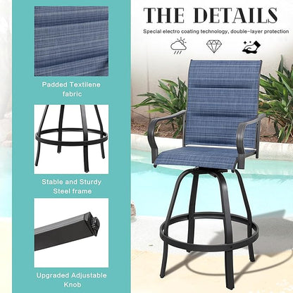 Vongrasig 2 Piece Outdoor Patio Swivel Bar Chairs, All Weather Padded Sling Textile High Top Bar Stools, Bistro Set for Backyard, Lawn Garden, Balcony, Padded Blue