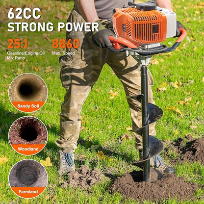 62CC Newly Upgraded Post Hole Digger Gas Powered, 2 Stroke Auger Post Hole Digger with 3 Drill Bits (4" & 6" & 12") + 2 Extension Rod for Planting - Ideal for Farm & Garden