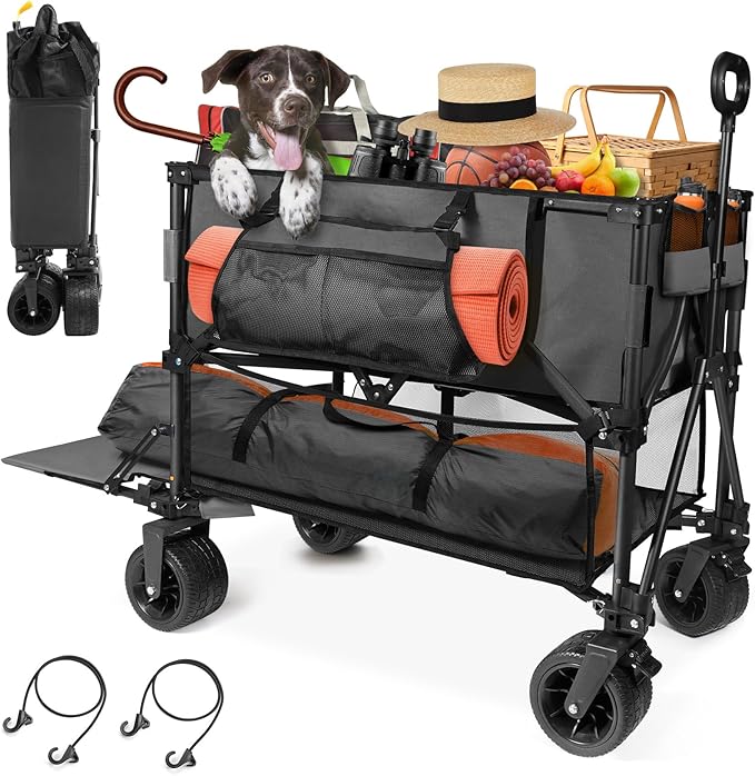 HOPERAN 400L XL Wagons Carts Foldable, 54" Extra Length Double Decker Collapsible Wagon Cart with Tailgate, 8" Big All-Terrain Wheels, 550lbs Load Utility Grocery Cart for Camping,Sports,Beach