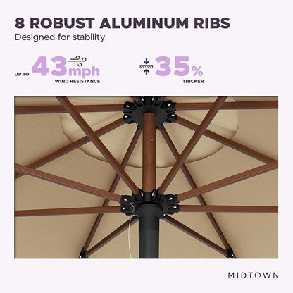 Midtown Umbrellas The Wooden 8 Feet Patio Umbrella With Sunbrella HeaMidtown Umbrellas Ther Tan Acrylic Fabric - Aluminum Frame Market Umbrella For Backyard, Deck, Garden, Pool - Wooden Pole