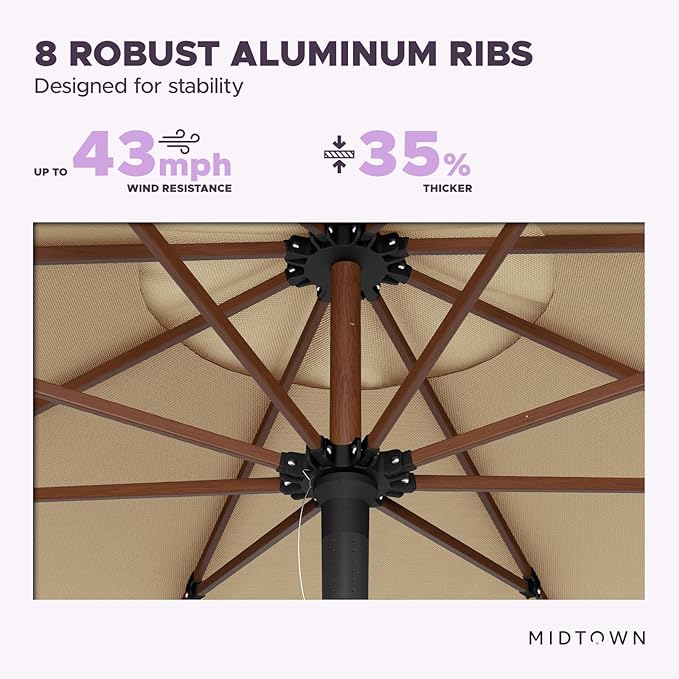 Midtown Umbrellas The Wooden 9 Feet Patio Umbrella With Sunbrella HeaMidtown Umbrellas Ther Tan Acrylic Fabric - Aluminum Frame Market Umbrella For Backyard, Deck, Garden, Pool - Wooden Pole