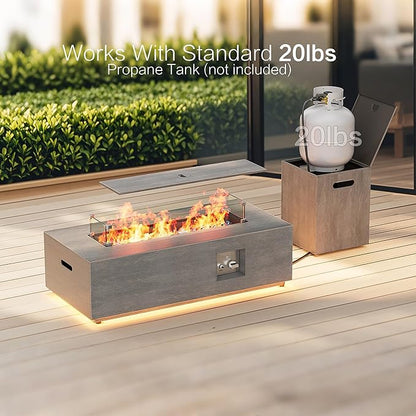 42" Outdoor Fire Pit Table, 50,000 BTU Gas Fire Pit with Glass Wind Guard, Fire Stones, Waterproof Cover, Propane Fire Pit Table for Outside Patio (Warm Light, Brown)