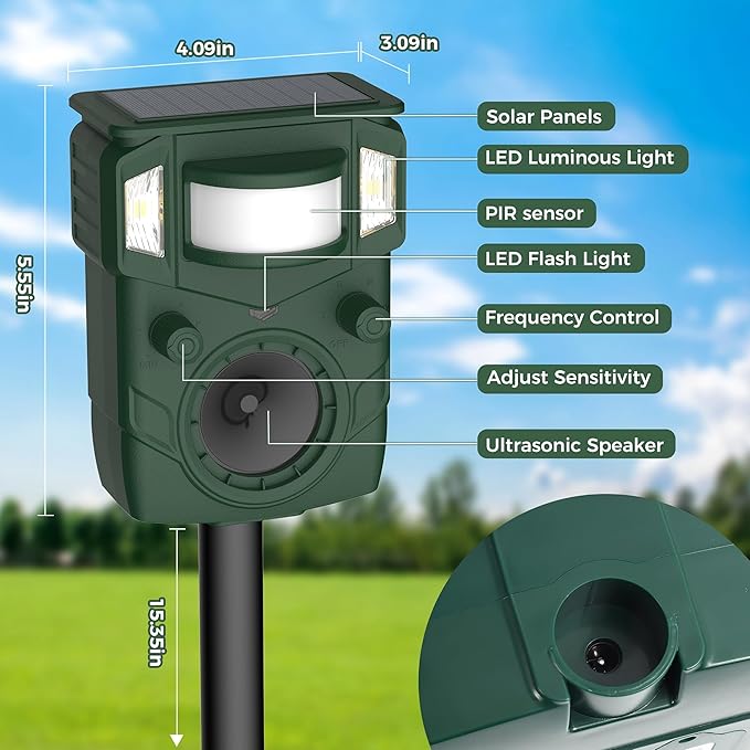2025 Upgraded Solar Ultrasonic Animal Repellent Outdoor – Motion Activated Deer, Squirrel, Cat, Raccoon, Dog & Bird Deterrent Ultrasonic Sweep for Yard, Garden, Farm