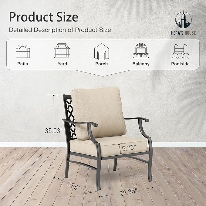 HERA'S HOUSE Outdoor Chairs Set of 2, 2 x Patio Chair with Beige Cushions, All Weather Outdoor Furniture for Lawn Garden Backyard Deck(Leg Chairs)