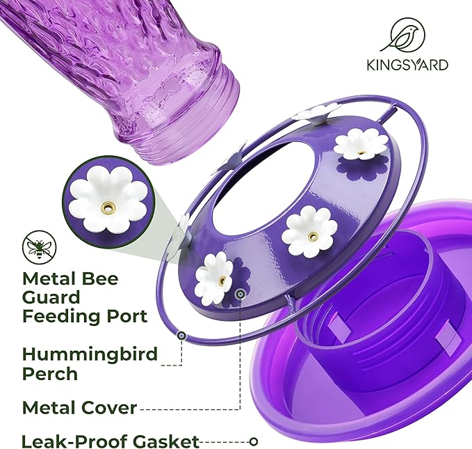 Kingsyard Hummingbird Feeders for Outdoors Hanging, 24 Ounce, Glass Hummingbird Feeder with Ant Moat & 6 Bee Guard Feeding Ports, Leak-Proof, Purple