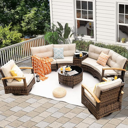 MEISSALIVVE 9 Piece Outdoor Patio Furniture Set, Half-Moon Curved Sectional Set with Wood Armrests, Patio Conversation Set, Tempered Glass Coffee & Side Tables（Brown）