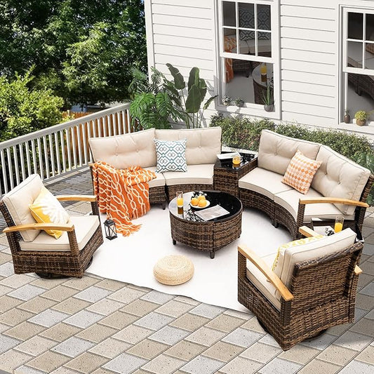 MEISSALIVVE 9 Piece Outdoor Patio Furniture Set, Half-Moon Curved Sectional Set with Wood Armrests, Patio Conversation Set, Tempered Glass Coffee & Side Tables（Brown）