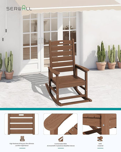 SERWALL Outdoor Rocking Chair Set of 2, Oversized Rocking Chair with Footboard for Adults, HDPE All Weather Resistant Rocking Chairs for Patio, 350lbs Weight Capacity, Brown