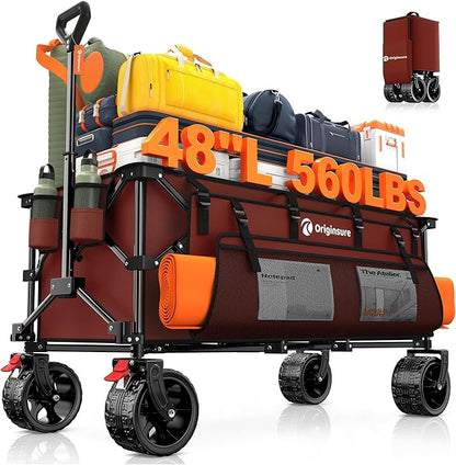48" L Collapsible Wagon Cart Foldable, 560lbs Weight Capacity 300L Heavy Duty Folding Beach Wagons with Big All-Terrain Wheels, Utility Carts for Groceries, Shopping, Camping, Sports - Red