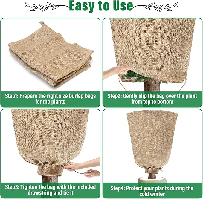 Riare 4 Packs 45 × 70 Inch Burlap Winter Plant Cover Bags with Drawstring- Reusable Large Burlap Sack Plant Frost Protector, Plant Frost Cloth Cold Tree Freeze Blanket for Outdoor Plants Fruit Shrubs