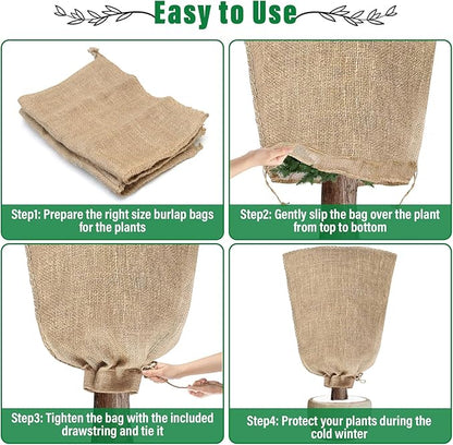 Riare 4 Packs 45 × 70 Inch Burlap Winter Plant Cover Bags with Drawstring- Reusable Large Burlap Sack Plant Frost Protector, Plant Frost Cloth Cold Tree Freeze Blanket for Outdoor Plants Fruit Shrubs