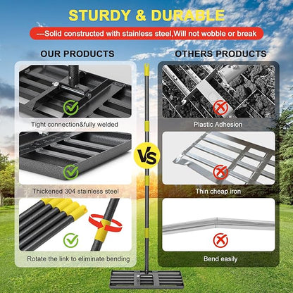 Large Lawn Leveling Rake - Heavy Duty 30"x10" Stainless Steel Leveler Plate,Reinforced Welds,28-72" Adjustable, Anti Flipping Smooth Edge,for Soil, Dirt,Ground,Golf,Yard Top Dressing,Landscaping