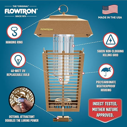 Flowtron Bug Zapper, 1 Acre of Outdoor Coverage with Powerful 40W Bulb & 5600V Instant Killing Grid, Electric Insect, Fly & Mosquito Zapper, Made in The USA - Tan Color